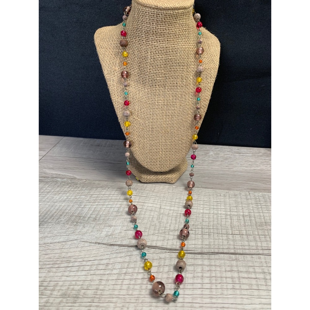 Multicolor Beaded Station Necklace Long 32 Inch Silver Tone Boho Glass Stone